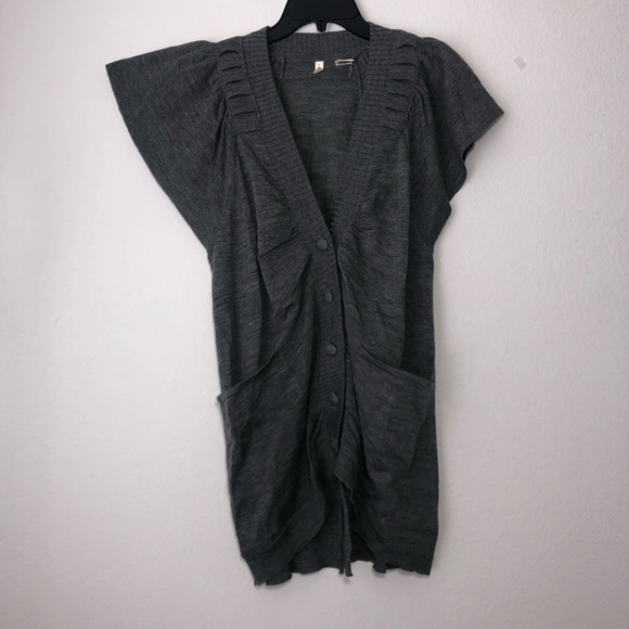 Anthropologie Moth Gray Wool Flutter Sleeve Button Up Long Cardigan size S - Picture 2 of 10